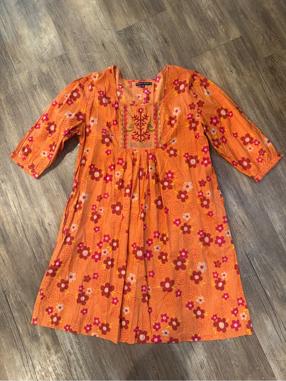 Gudrun Sjoden Orange Embroidered Birds Floral Cotton Tunic Dress Sz XL